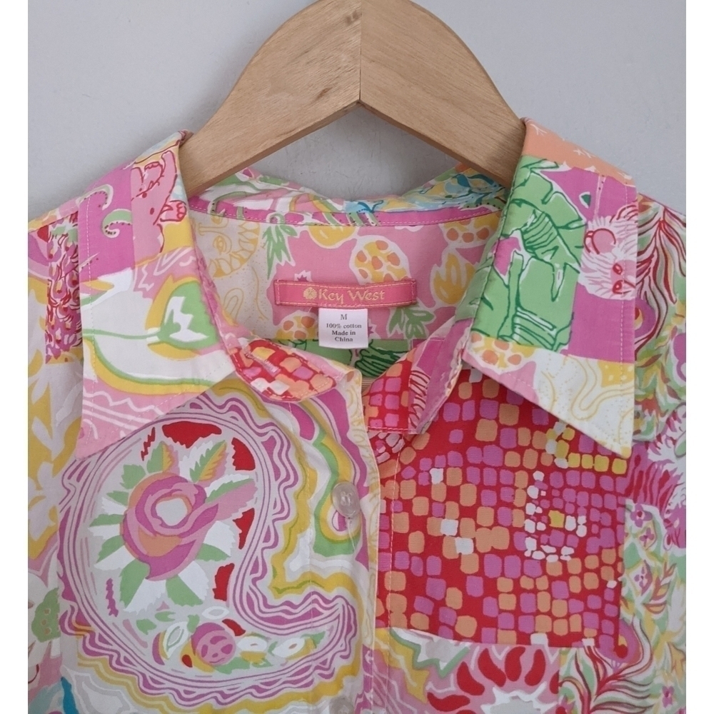 Key West Patchwork Cotton Button Down Top Size M - image 2